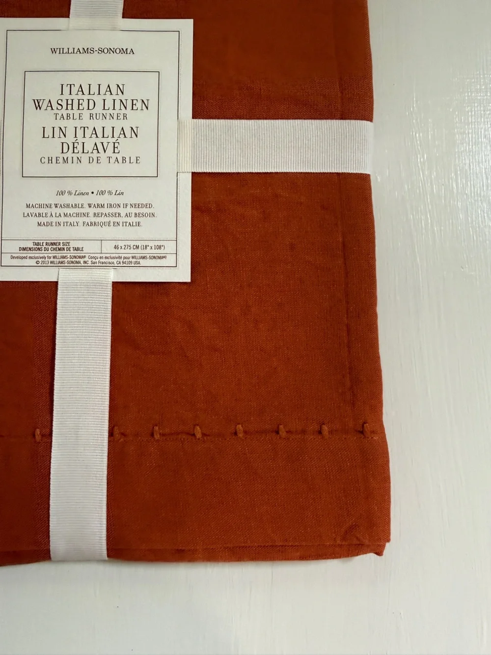 NWT Williams Sonoma Italian Washed Linen Table Runner Pumpkin Orange 18 x 108